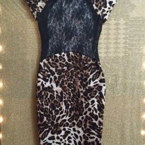 Evening cheetah print & black lace dress